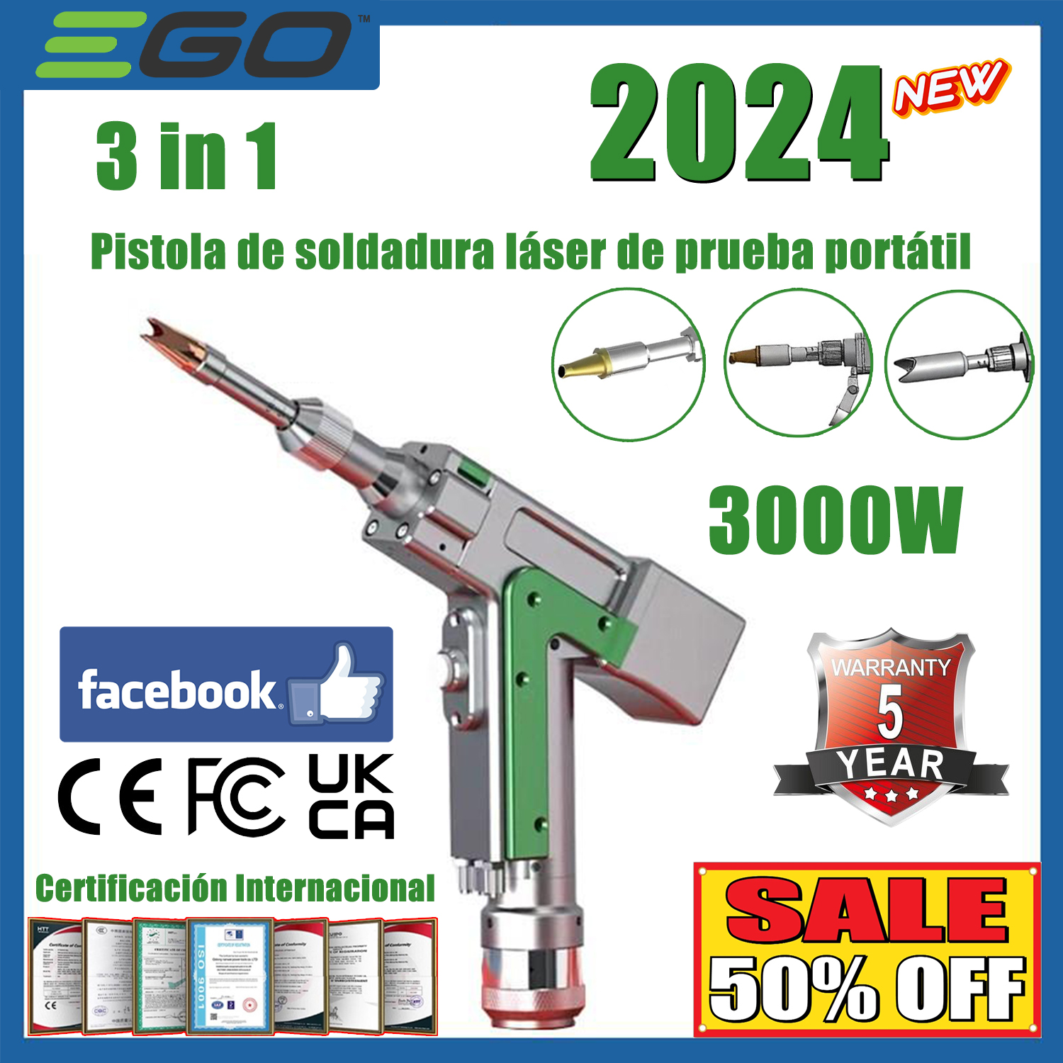 Pistola de soldadura láser multifuncional de 3000 W (soldadura de oro/plata/cobre/hierro/aluminio/acero inoxidable), soldadura (3 en 1) + limpieza + corte (espesor de corte 0-10 mm)